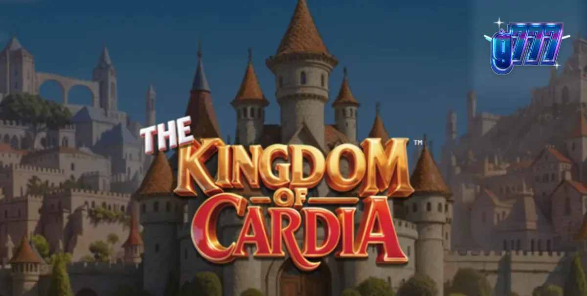 The Kingdom of Cardia slot machine interface featuring a whimsical garden and card-themed symbols.